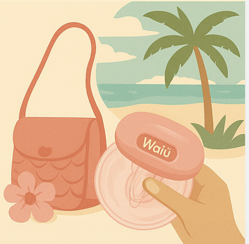 Illustrated Waiū pump concept beside a beach bag