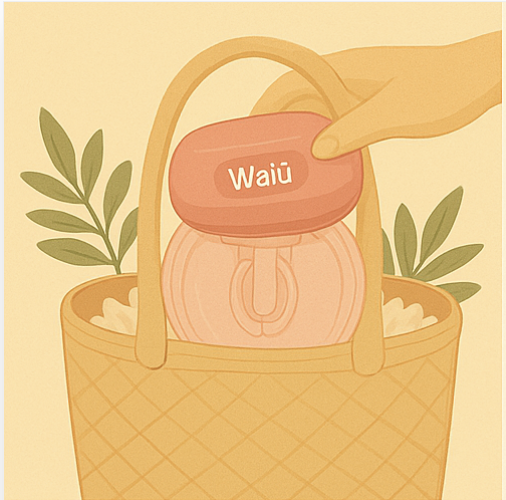 Illustrated Waiū pump concept in a woven bag